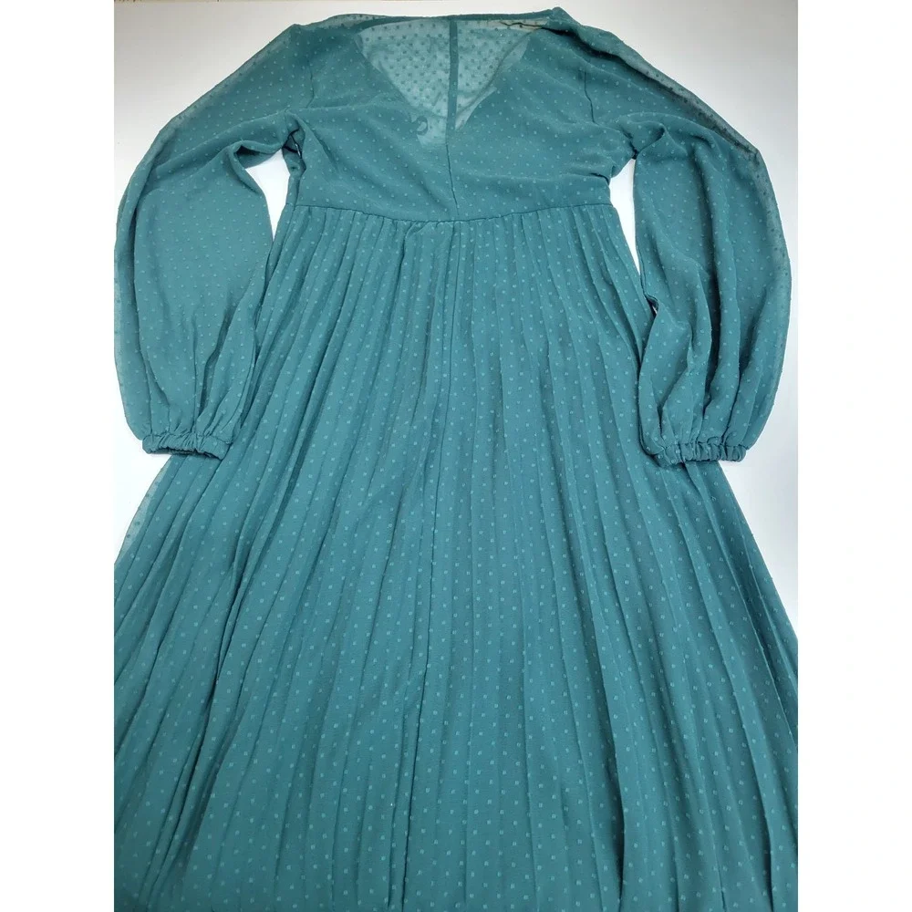ASOS Design Maternity Dress US 8 Teal Swiss Dot Chiffon Long Sleeve Midi